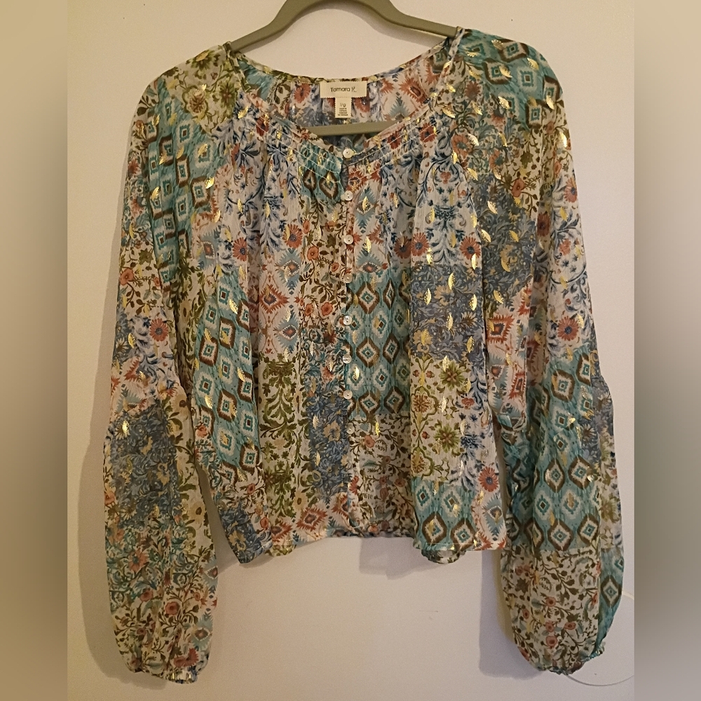 Tamara H Women's Floral-Aztec  Patterned Blouse with Blue and Green Accents Sz L